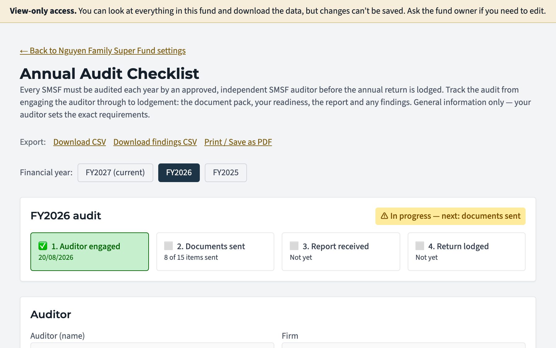 The annual audit checklist as an invited accountant sees it: a view-only access banner across the top, with the fund's audit progress below.