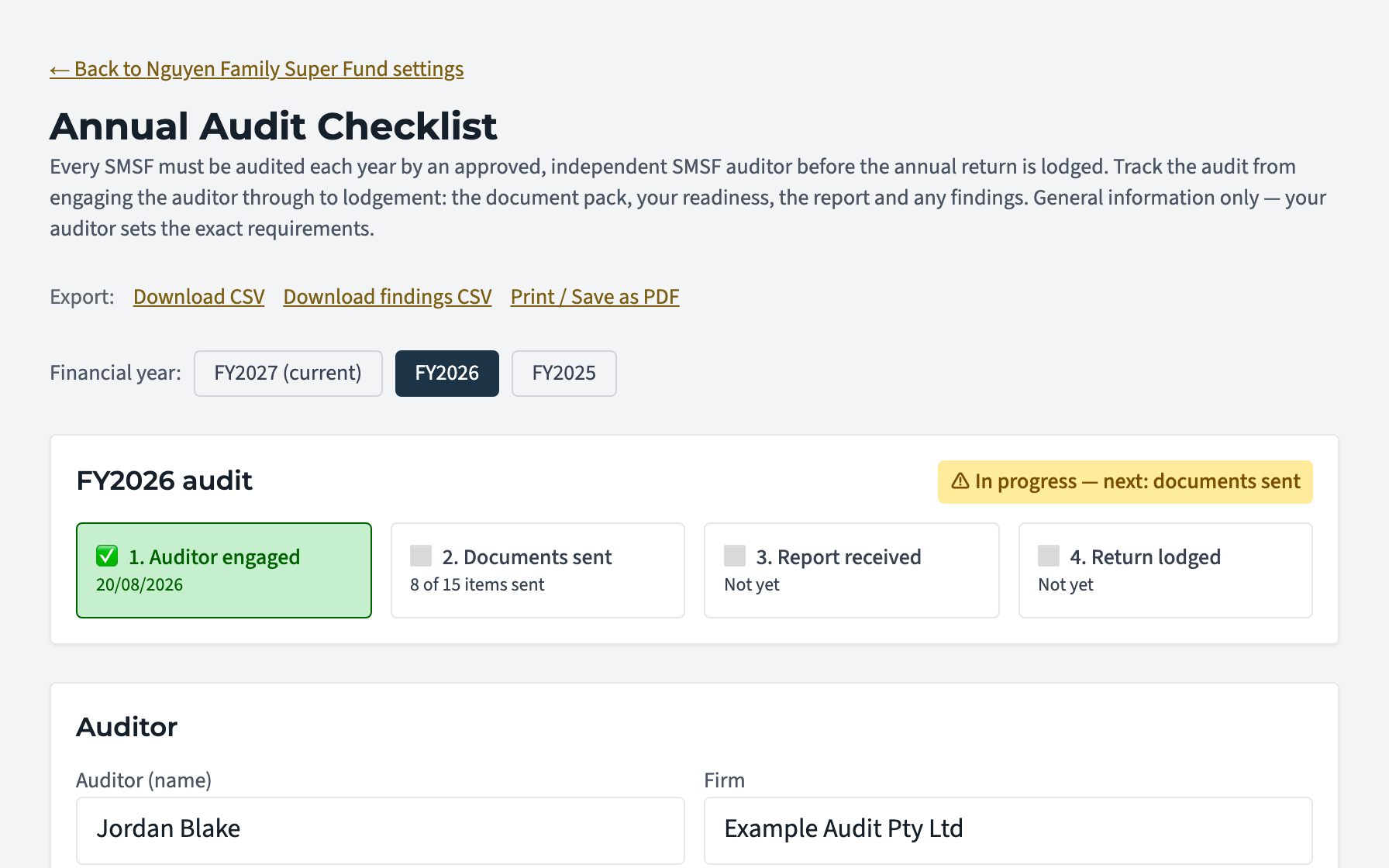 The annual audit checklist for a sample fund: four stages from auditor engaged to return lodged, with 8 of 15 document items sent, and the auditor's details below.