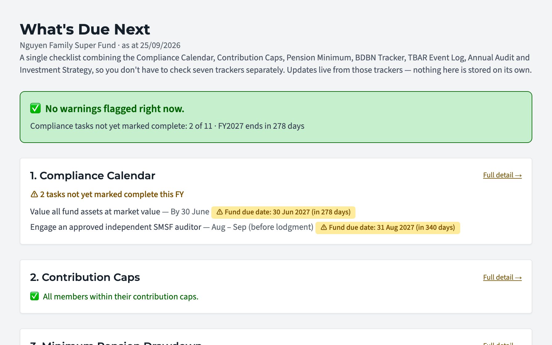 The What's Due Next page for a sample fund. A green summary box says no warnings are flagged, and the Compliance Calendar below lists two tasks still to do, each with its due date.